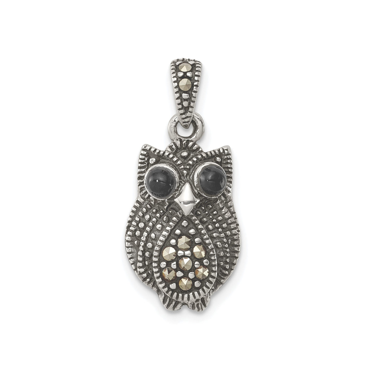 Sterling Silver Owl Pendant with Marcasite and Agate, Nature-Inspired Wisdom Totem Jewelry