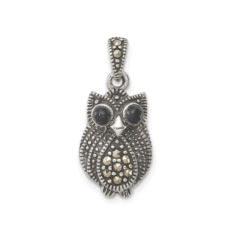 Sterling Silver Owl Pendant with Marcasite and Agate, Nature-Inspired Wisdom Totem Jewelry