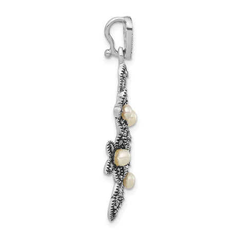 Sterling Silver Pendant with Freshwater Pearl and Marcasite, Vintage Floral Filigree Design