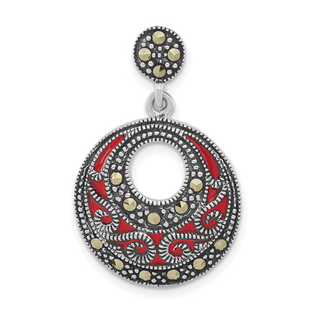 Sterling Silver Dangle Earrings with Marcasite, Red Enamel, Circular Swirl Vintage Boho Design