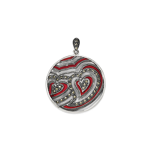 Sterling Silver Heart Pendant with Red Enamel and Marcasite Accents, Abstract Love Design