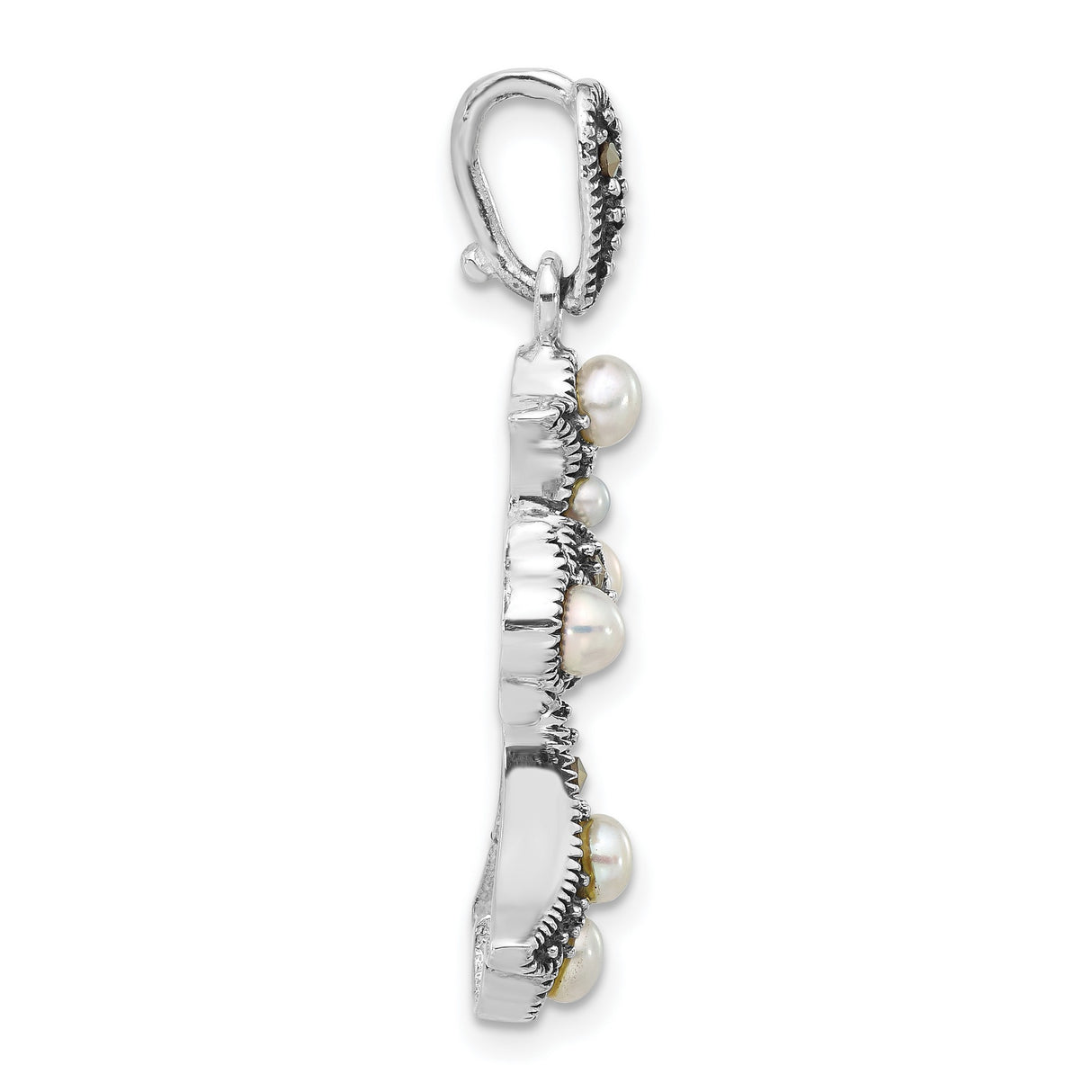 Marcasite and Cultured Pearl Cross Charm Pendant in Real 925 Sterling Silver