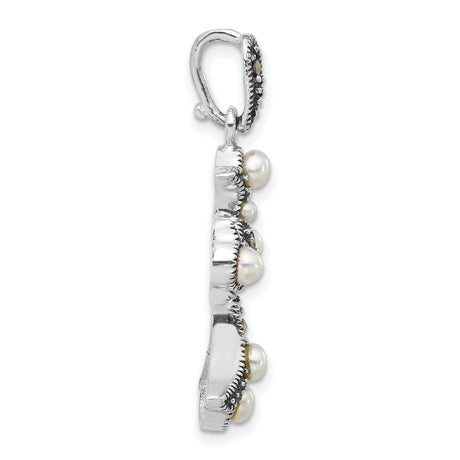 Marcasite and Cultured Pearl Cross Charm Pendant in Real 925 Sterling Silver