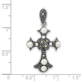 Marcasite and Cultured Pearl Cross Charm Pendant in Real 925 Sterling Silver