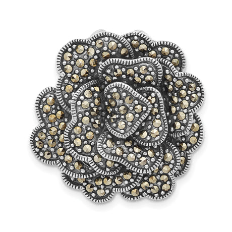 Sterling Silver Rose Brooch with Marcasite, Vintage Floral Pin for Women