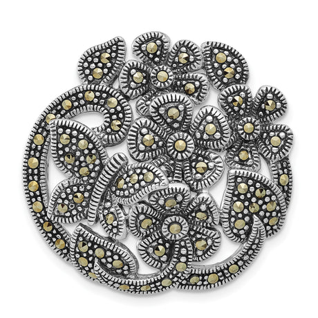 Sterling Silver Floral Brooch with Marcasite, Vintage Flower and Leaf Design