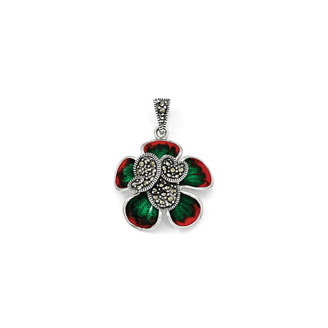 Sterling Silver Floral Pendant with Marcasite, Red and Green Enamel, Vintage Botanical Design