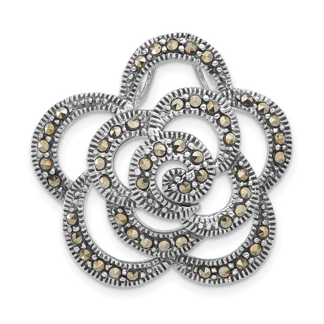 Sterling Silver Rose Brooch with Marcasite Accents, Vintage Layered Openwork Floral Design