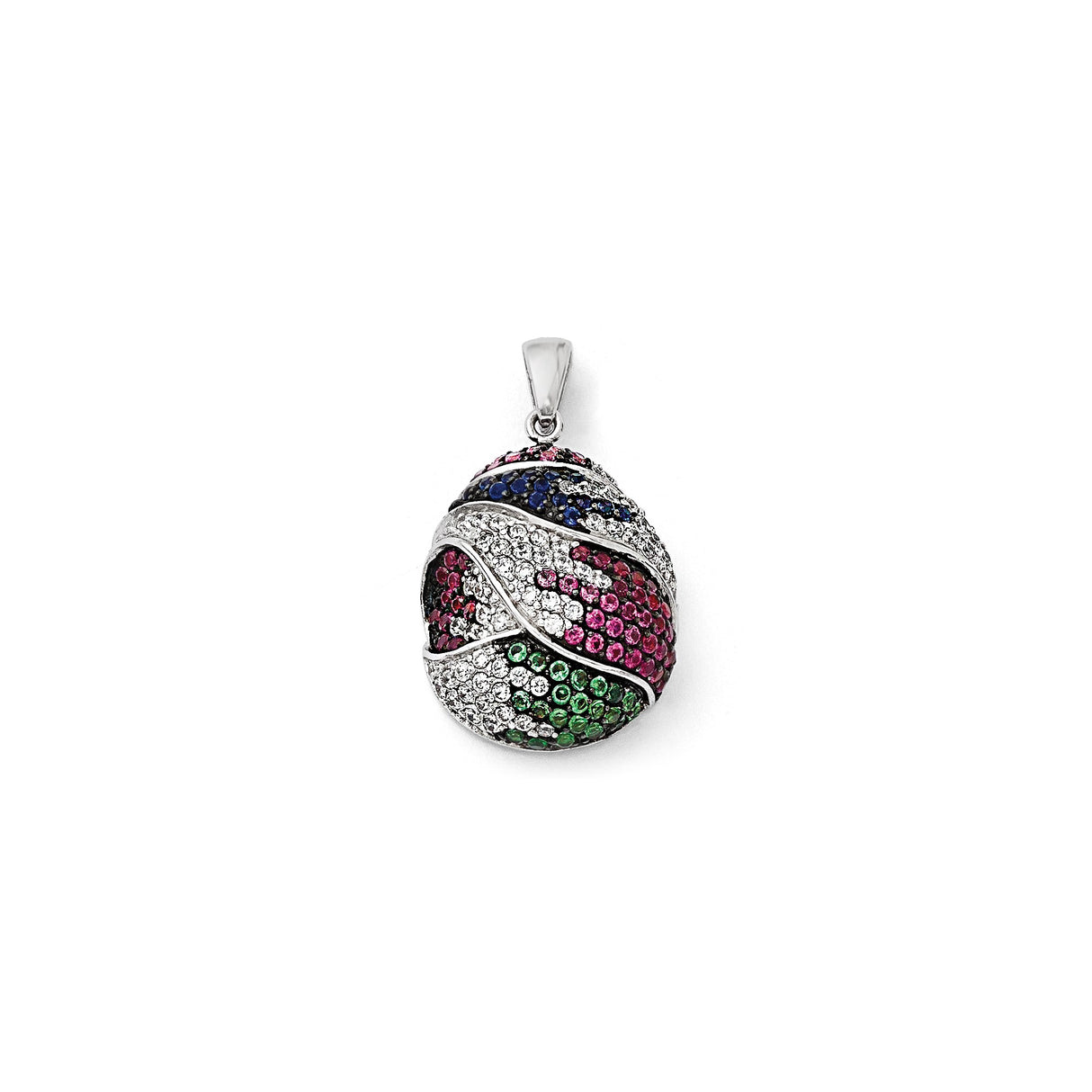 Sterling Silver Egg Shaped Pendant with Cubic Zirconia, Colorful Pavé, Fabergé Inspired Design
