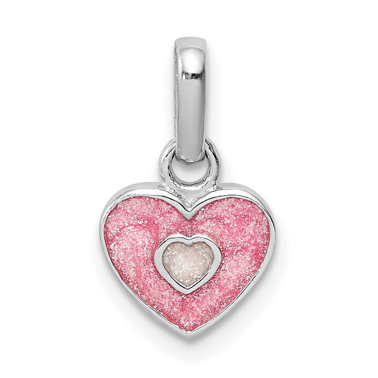 Sterling Silver Heart Pendant with Pink and White Glitter Enamel, Romantic Charm Jewelry for Women and Girls