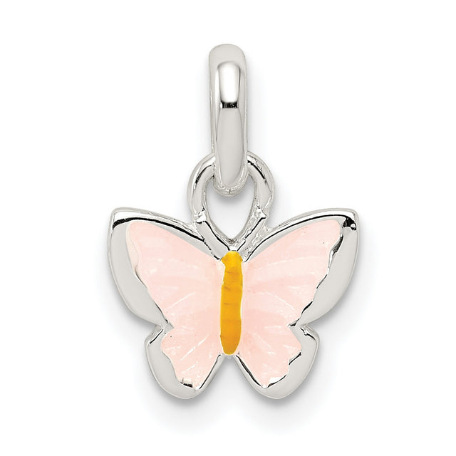 Childrens Pink Yellow Enameled Butterfly Charm Pendant in Real 925 Sterling Silver