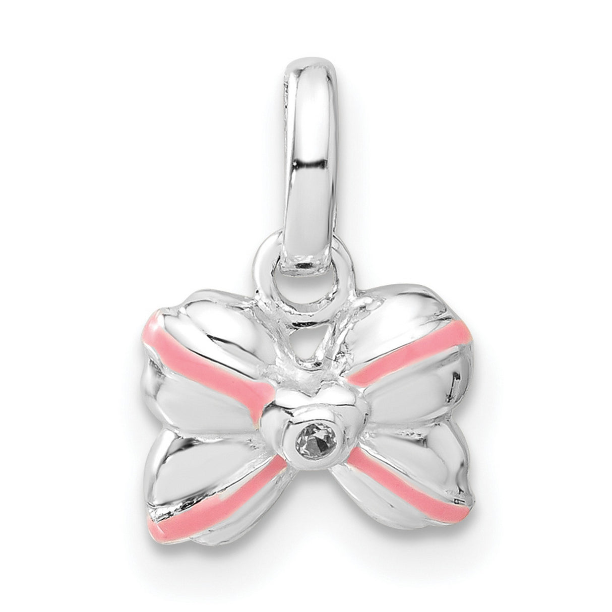 Pink Enamel Kids Bow Charm Pendant in Real 925 Sterling Silver