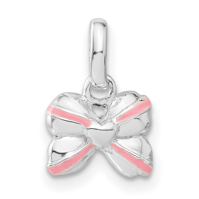 Pink Enamel Kids Bow Charm Pendant in Real 925 Sterling Silver