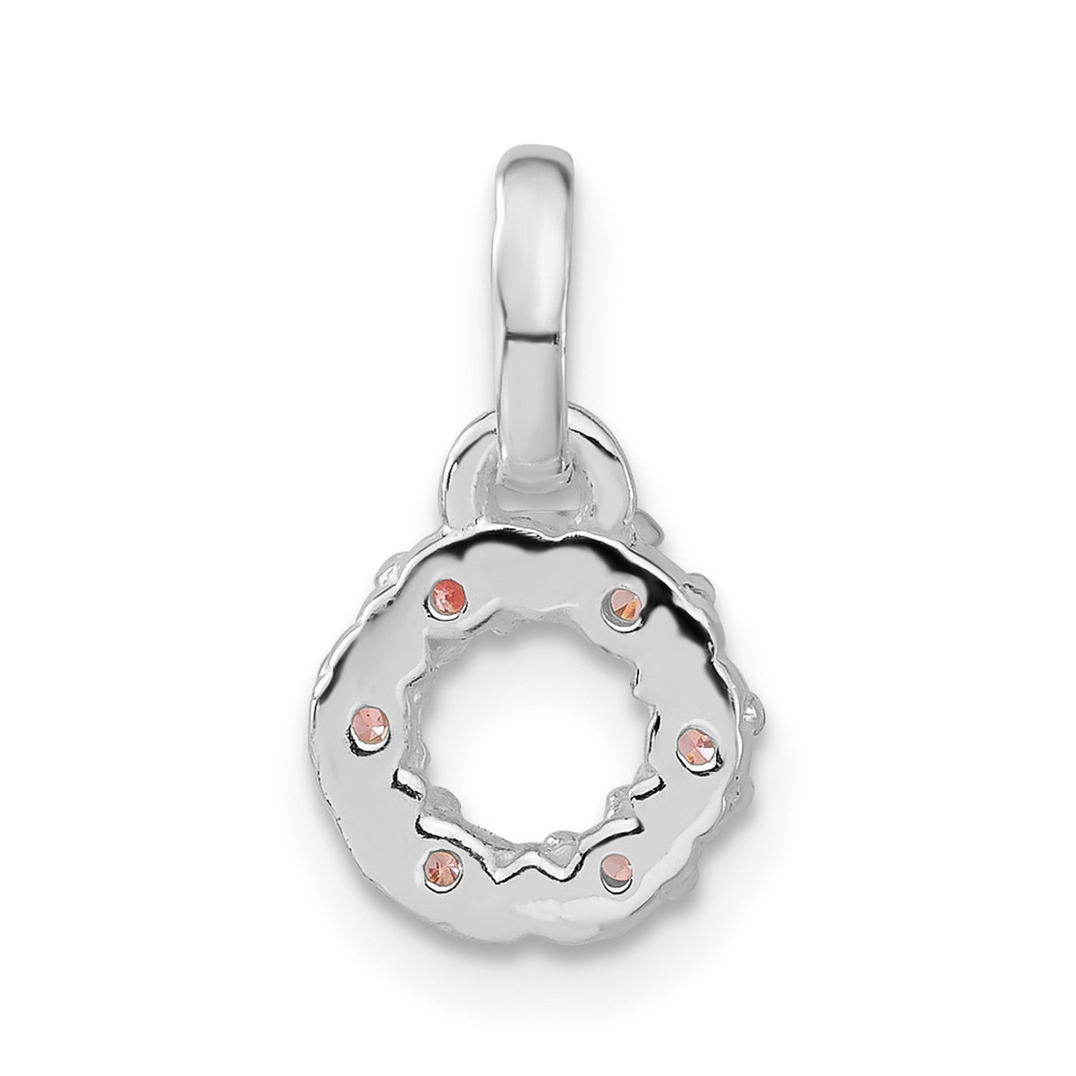 Sterling Silver Circle Pendant Charm with Pink Cubic Zirconia, Wreath Floral Design