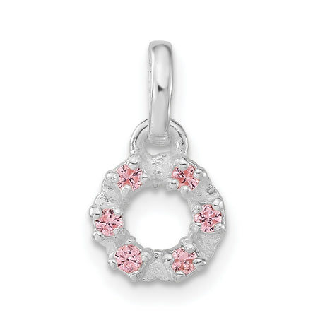 Sterling Silver Circle Pendant Charm with Pink Cubic Zirconia, Wreath Floral Design