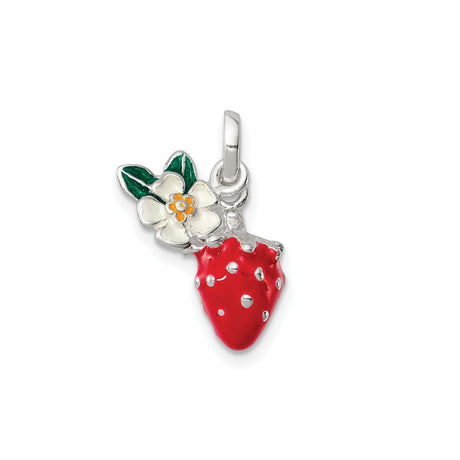 Sterling Silver Strawberry Pendant with Colorful Enamel Flower and Leaf Design