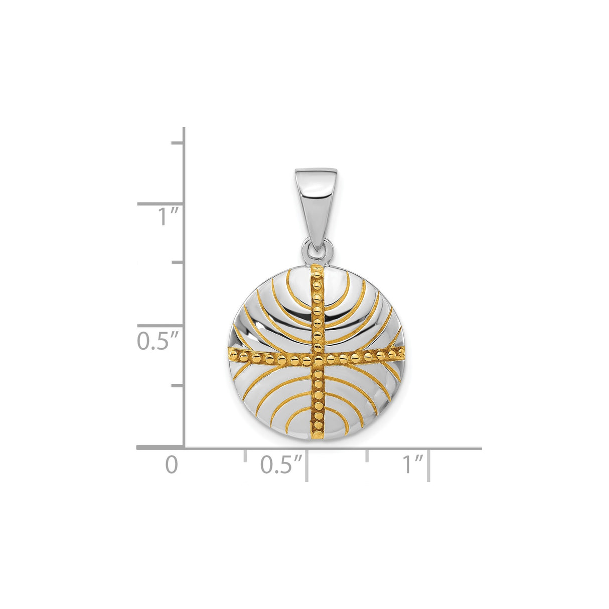 Sterling Silver Round Pendant with Gold Accented Textured Cross and Radiating Arc Design