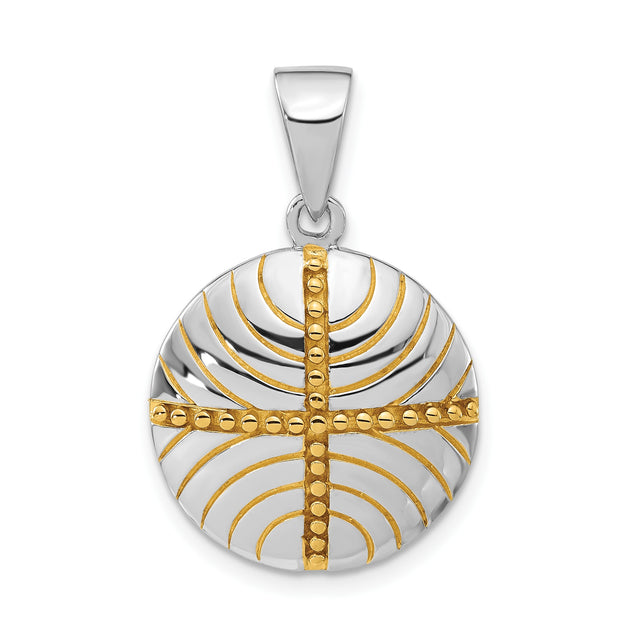 Sterling Silver Round Pendant with Gold Accented Textured Cross and Radiating Arc Design