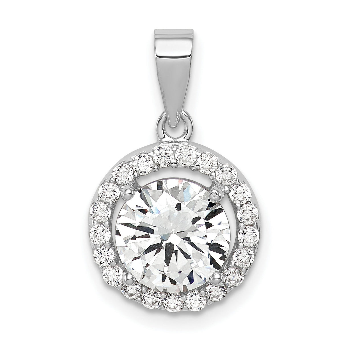 Sterling Silver Halo Pendant with Cubic Zirconia Center Stone and Clear Accents for Women