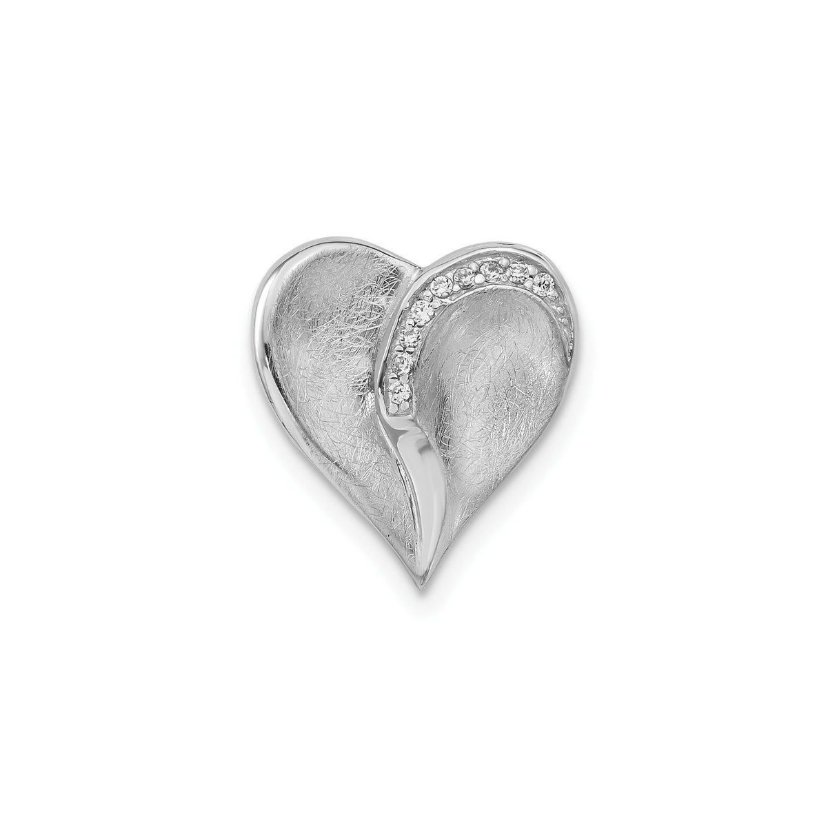 Sterling Silver Heart Pendant with Cubic Zirconia Accents and Curved Brushed Finish