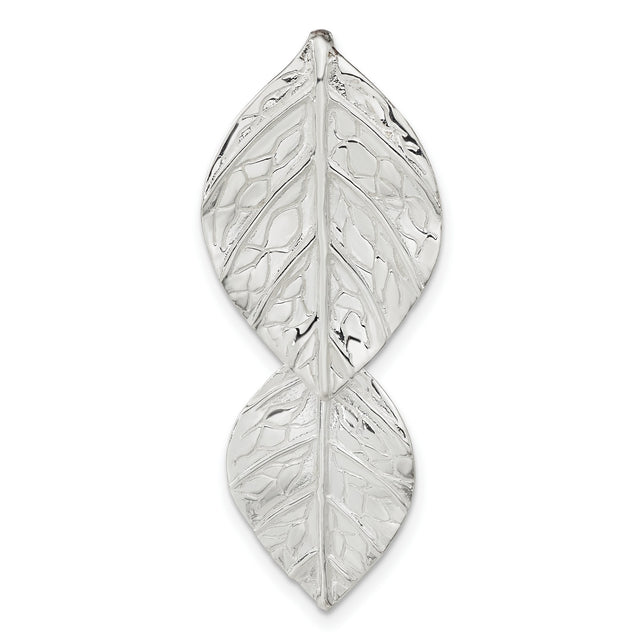 Double Leaf Textured Chain Slide Charm Pendant in Real 925 Sterling Silver
