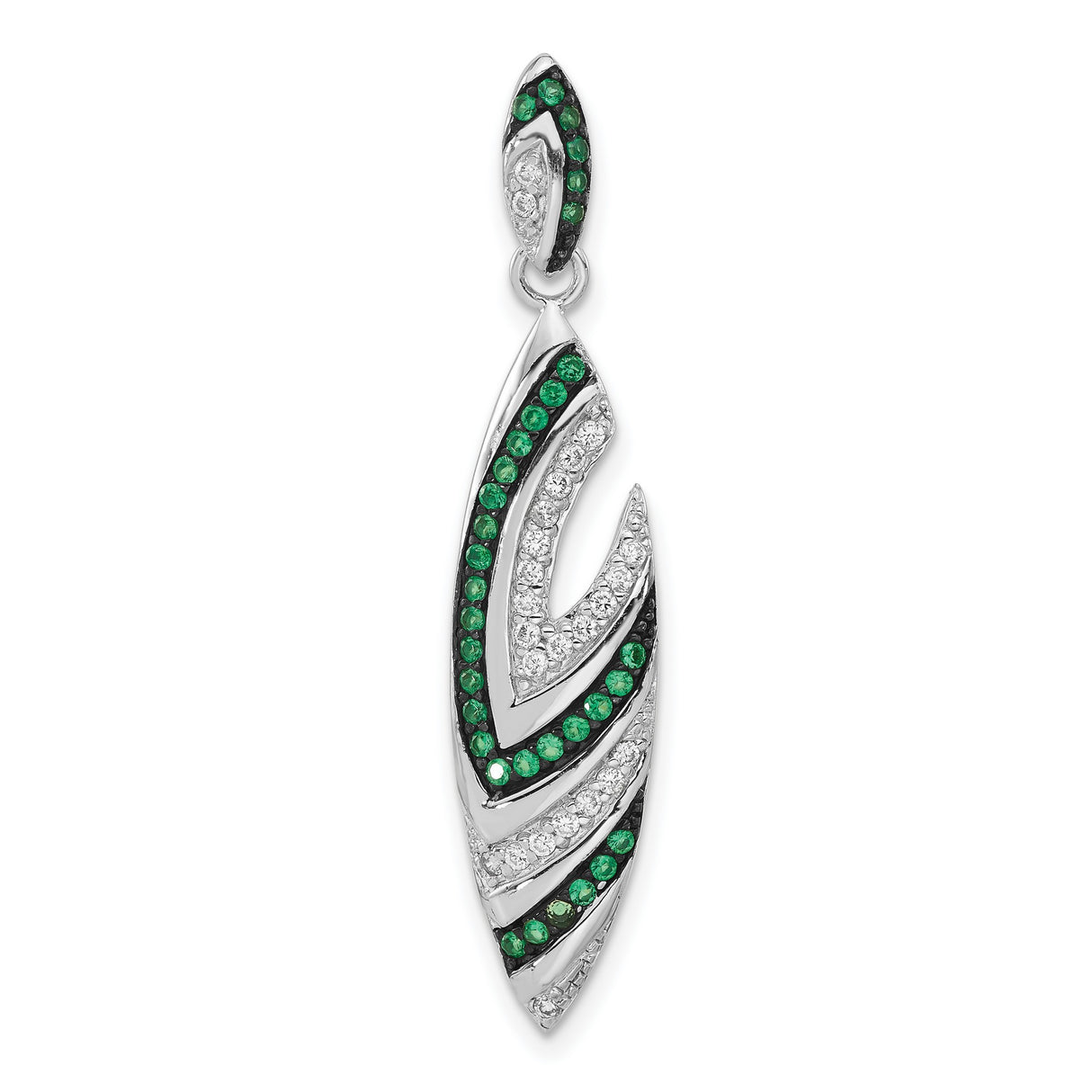 Sterling Silver Feather Pendant with Cubic Zirconia and Synthetic Spinel, Curved Nature-Inspired Design