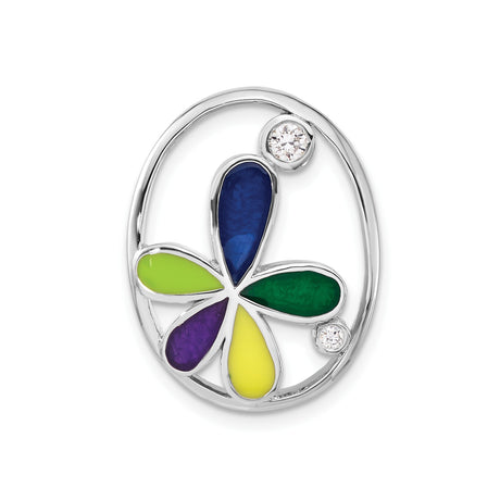 Sterling Silver Flower Pendant with Cubic Zirconia, Enamel Multicolor Petals, Nature Theme Jewelry
