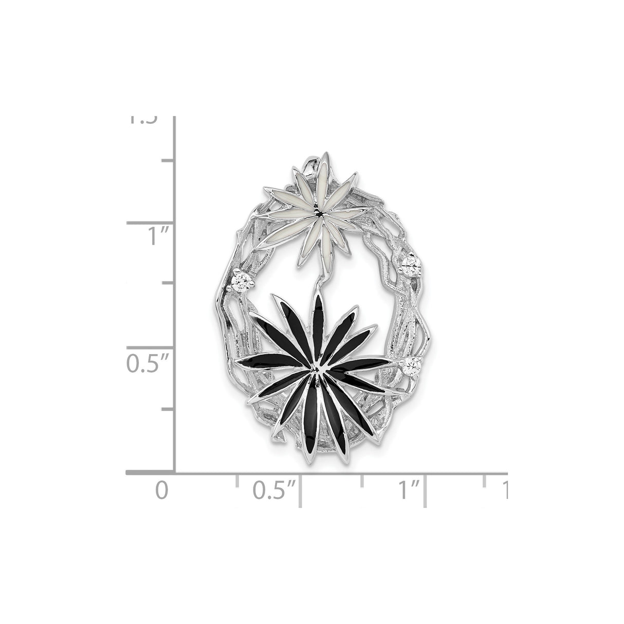 Sterling Silver Pendant with Cubic Zirconia, Black and White Enamel Starburst Flowers, Vine Motif