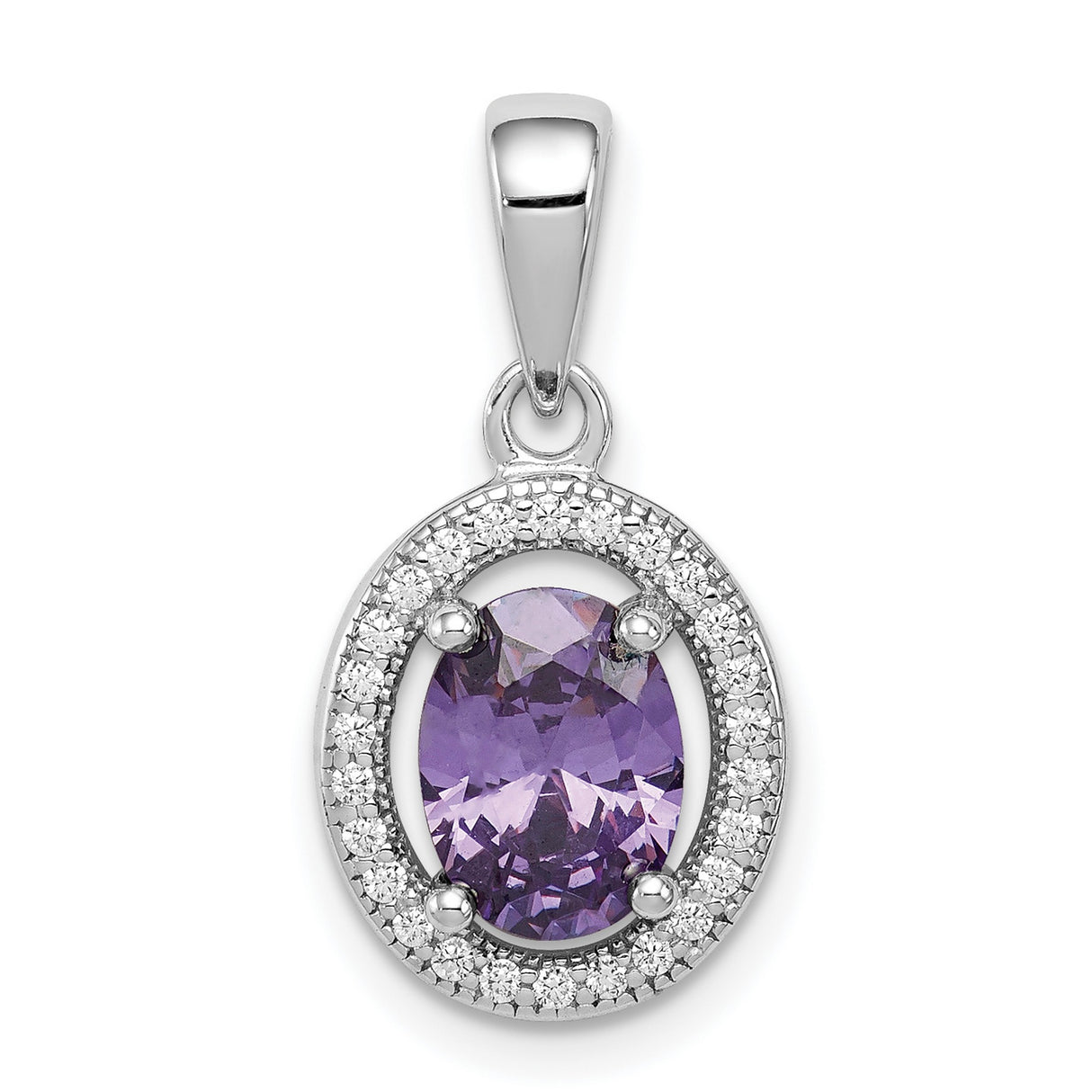 Sterling Silver Pendant with Oval Amethyst and Halo of Clear Cubic Zirconia, February Birthstone