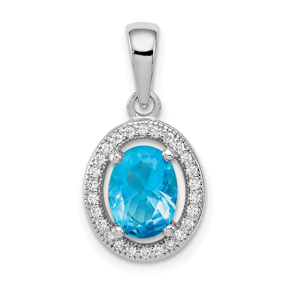 Sterling Silver Oval Pendant with Blue Cubic Zirconia and Clear Halo Stones for Women