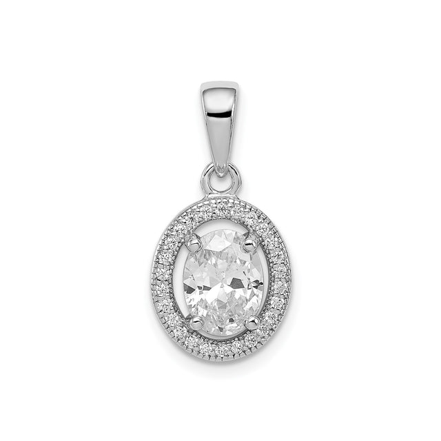 Sterling Silver Pendant with Oval Cubic Zirconia, Halo Design, Polished Finish for Women
