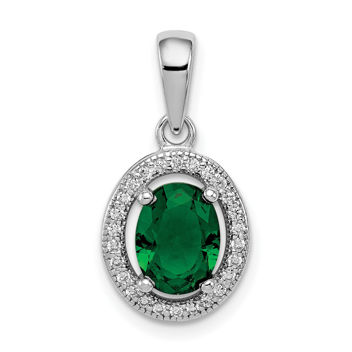 Sterling Silver Pendant with Oval Green Cubic Zirconia and White CZ Halo Design for Women