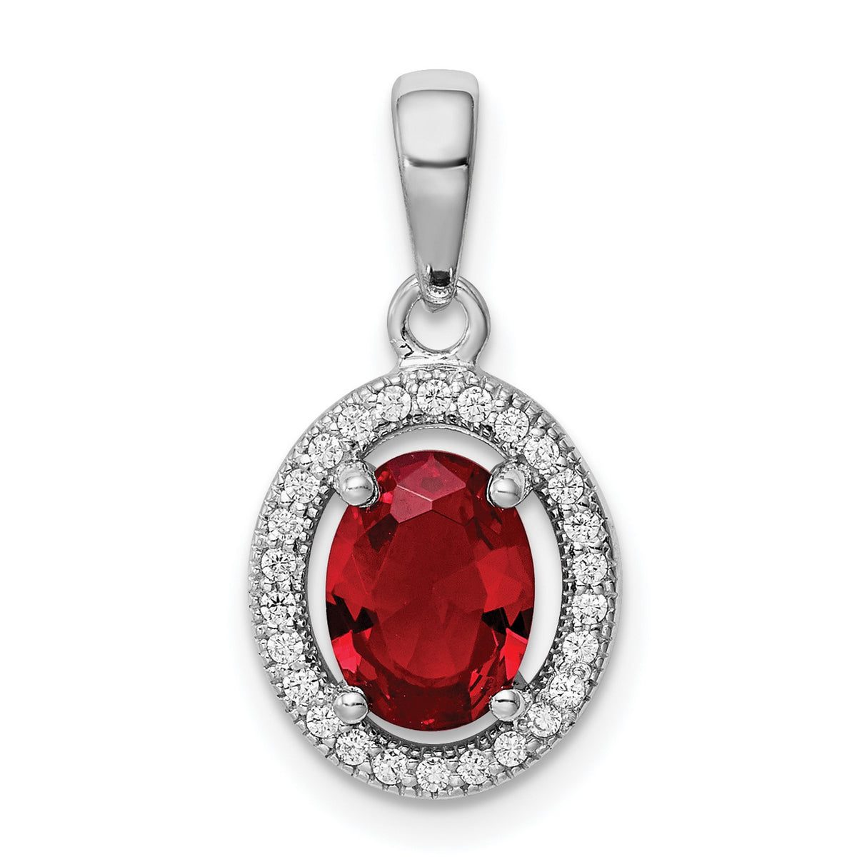 Sterling Silver Pendant with Red Cubic Zirconia Center and Clear Halo Accents for Women