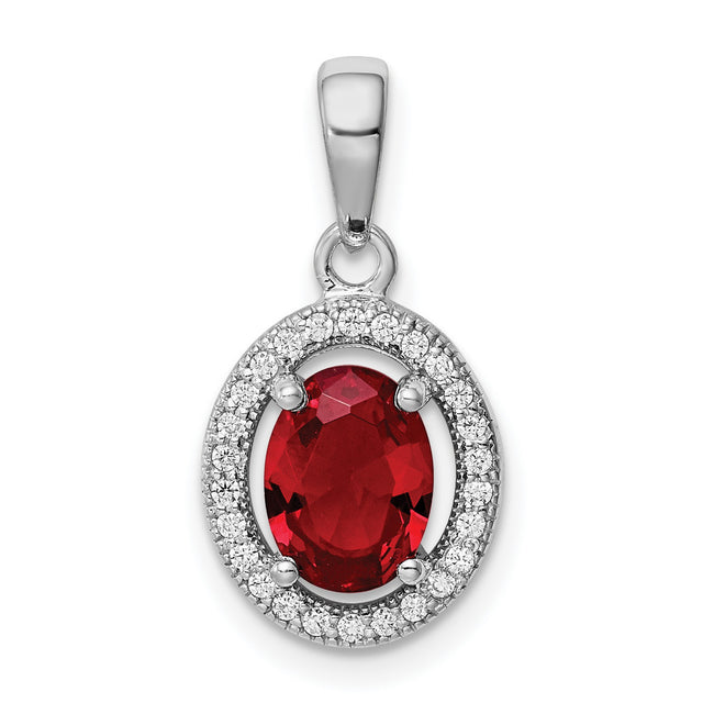 Sterling Silver Pendant with Red Cubic Zirconia Center and Clear Halo Accents for Women