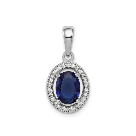 Sterling Silver Pendant with Cubic Zirconia, Oval Deep Blue Gemstone, Halo Style for Women