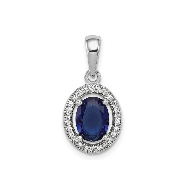 Sterling Silver Pendant with Cubic Zirconia, Oval Deep Blue Gemstone, Halo Style for Women