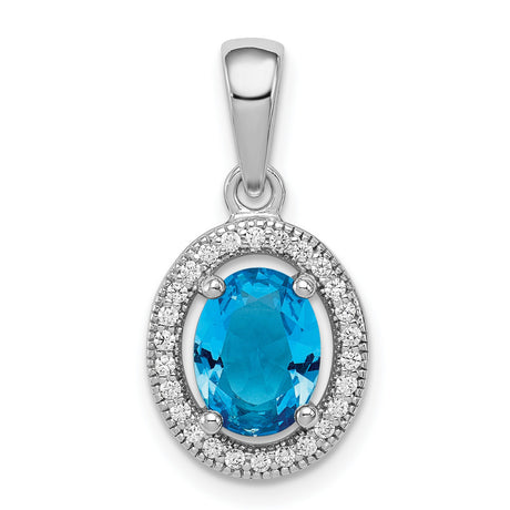 Sterling Silver Oval Pendant with Blue Topaz and Cubic Zirconia Halo for Women