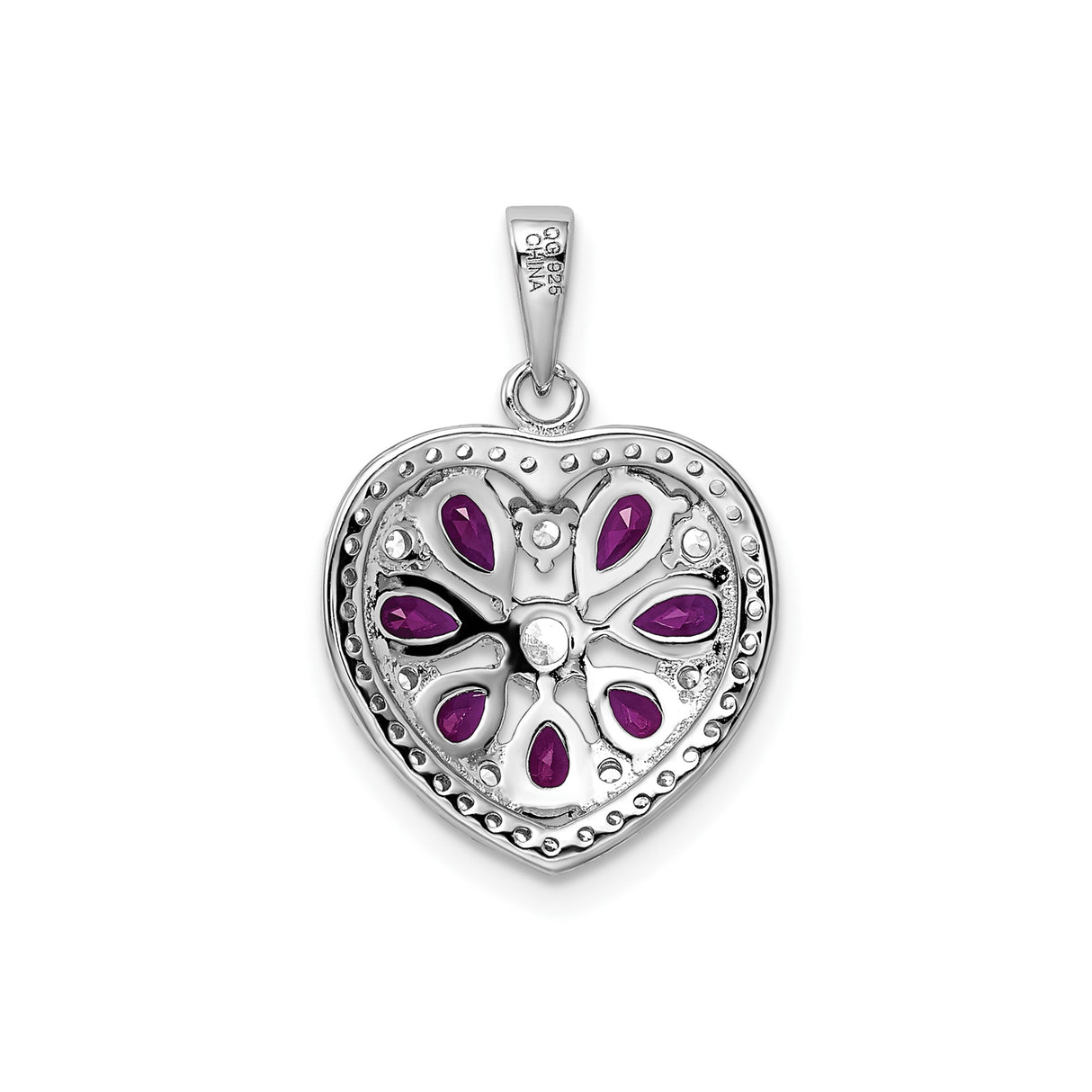 Sterling Silver Heart Pendant with Cubic Zirconia and Lab Created Ruby in Floral Design