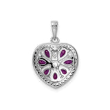 Sterling Silver Heart Pendant with Cubic Zirconia and Lab Created Ruby in Floral Design