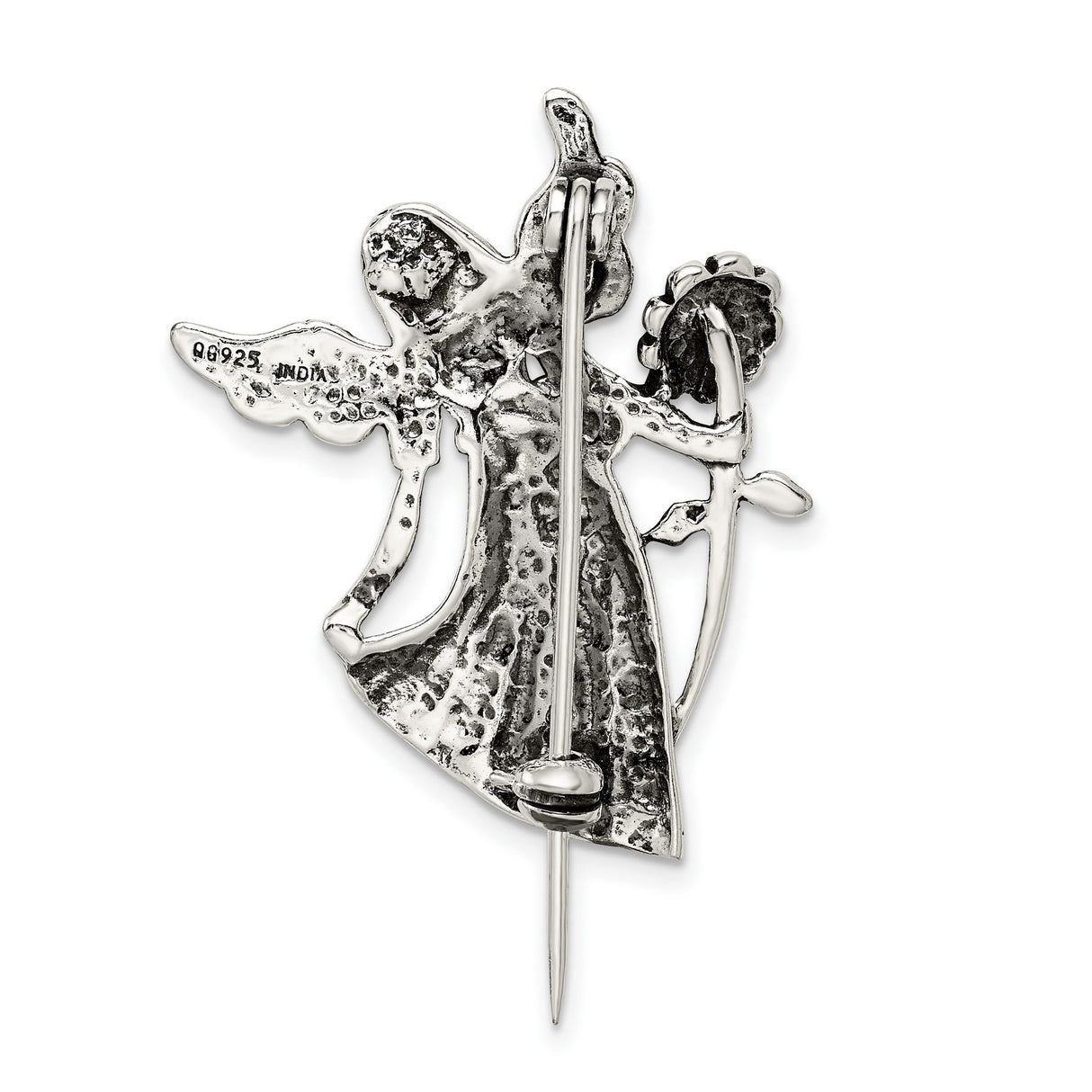 Polish and Antique Angel w Flower and Pin Charm Pendant in Real 925 Sterling Silver