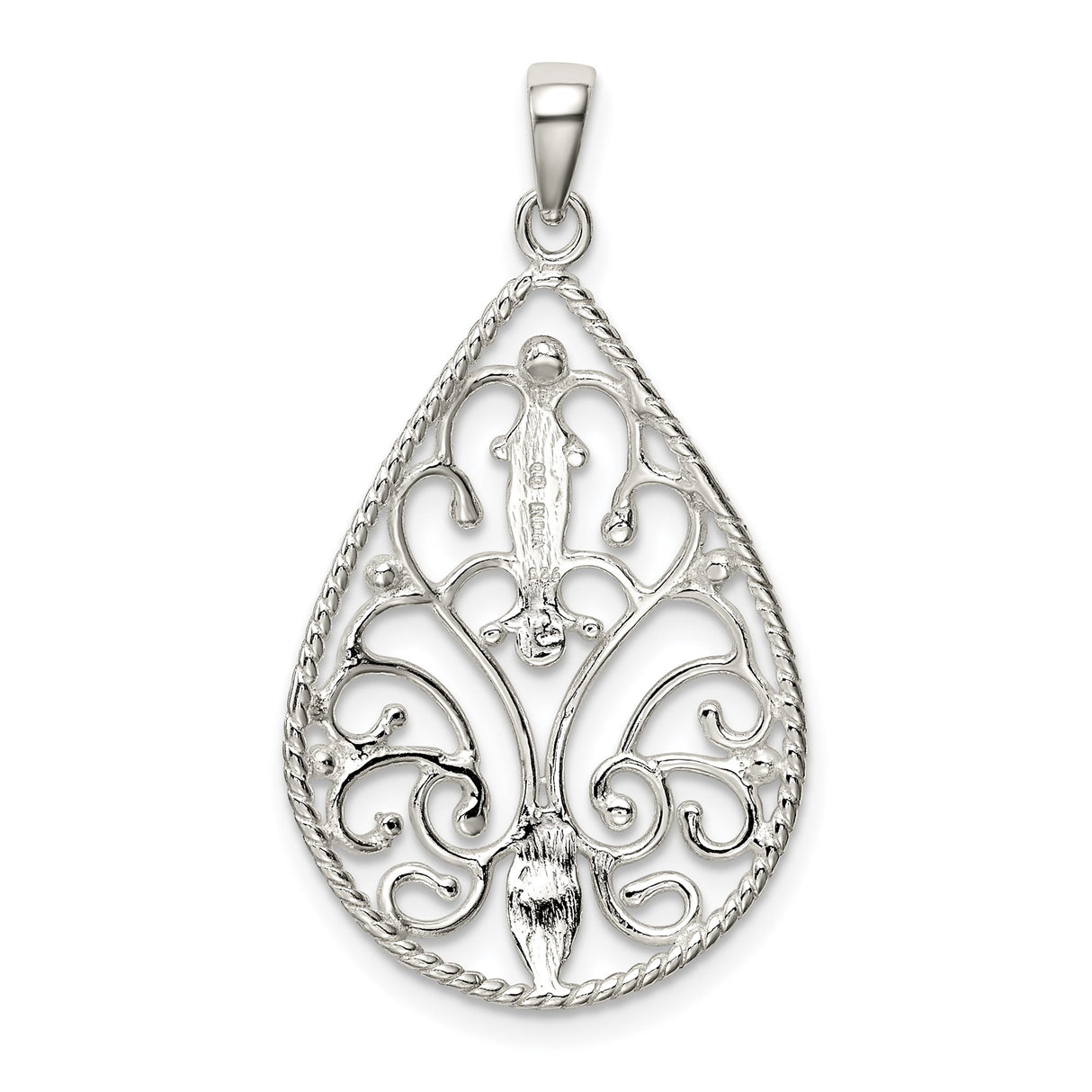 Sterling Silver Filigree Teardrop Pendant with Openwork Scroll Design, Vintage Inspired Charm for Women