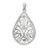 Sterling Silver Filigree Teardrop Pendant with Openwork Scroll Design, Vintage Inspired Charm for Women