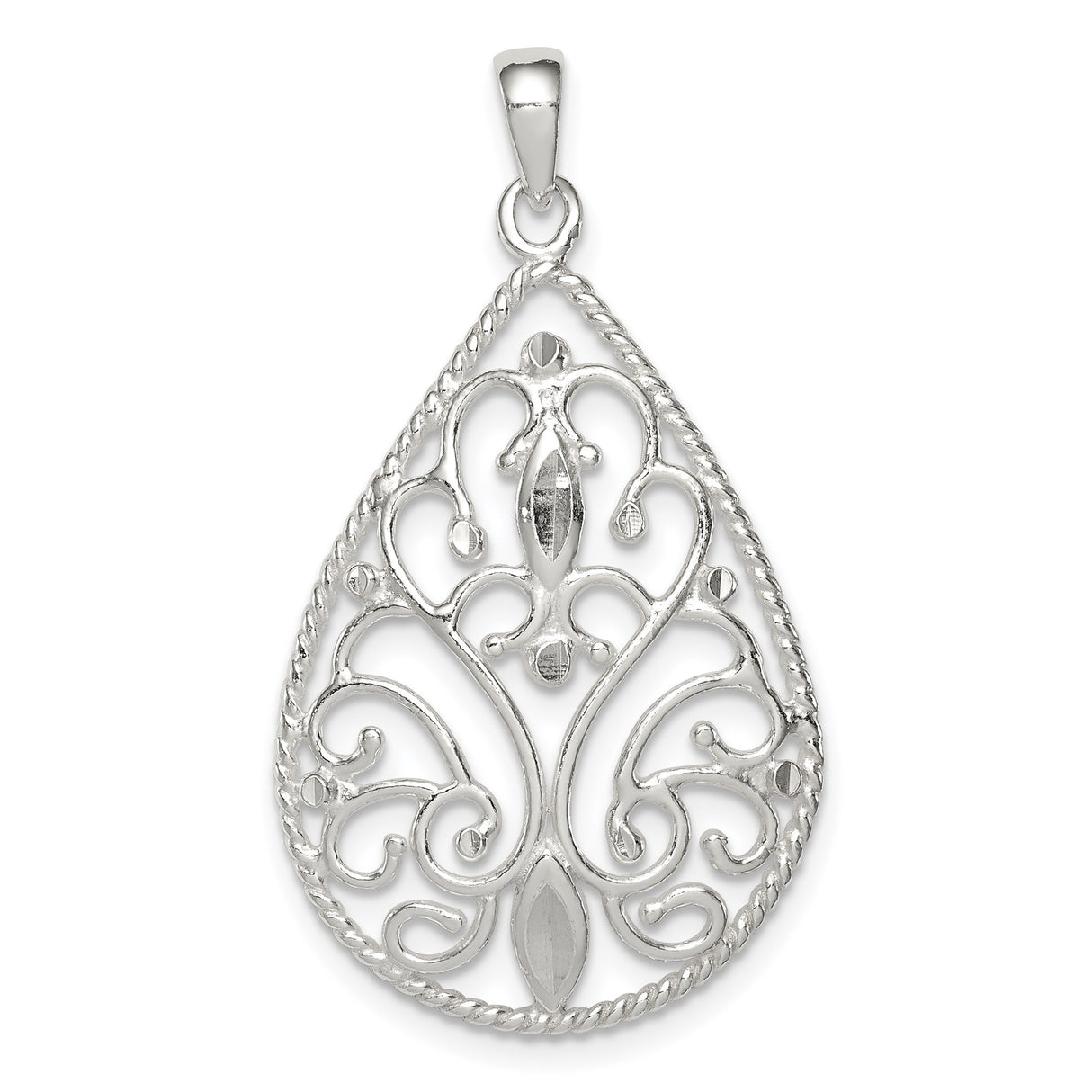 Sterling Silver Filigree Teardrop Pendant with Openwork Scroll Design, Vintage Inspired Charm for Women