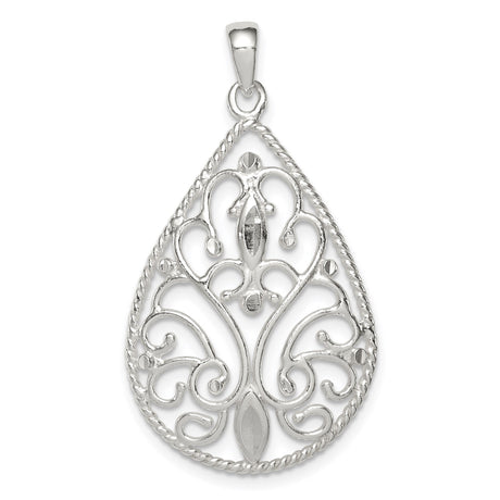 Sterling Silver Filigree Teardrop Pendant with Openwork Scroll Design, Vintage Inspired Charm for Women