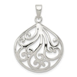 Sterling Silver Teardrop Pendant with Openwork Filigree Swirl Design for Women