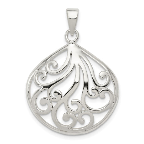 Sterling Silver Teardrop Pendant with Openwork Filigree Swirl Design for Women