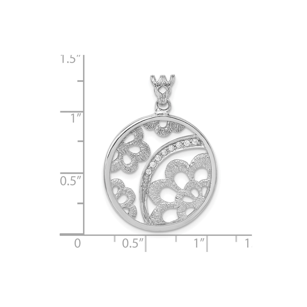Sterling Silver Pendant with Cubic Zirconia, Floral Cutout, Textured Circle, Botanical Design