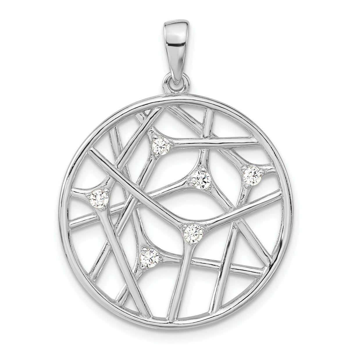 Sterling Silver Pendant with Cubic Zirconia, Abstract Openwork Web Design, Modern Style