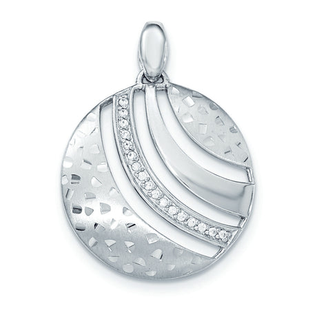 Sterling Silver Abstract Round Pendant with Cubic Zirconia Accents and Textured Finish