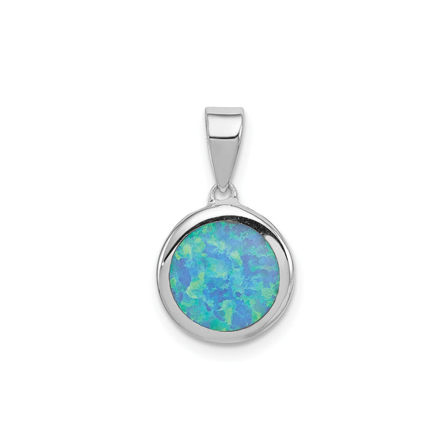 Sterling Silver Pendant with Lab Created Blue Green Opal Inlay, Round Minimalist Design